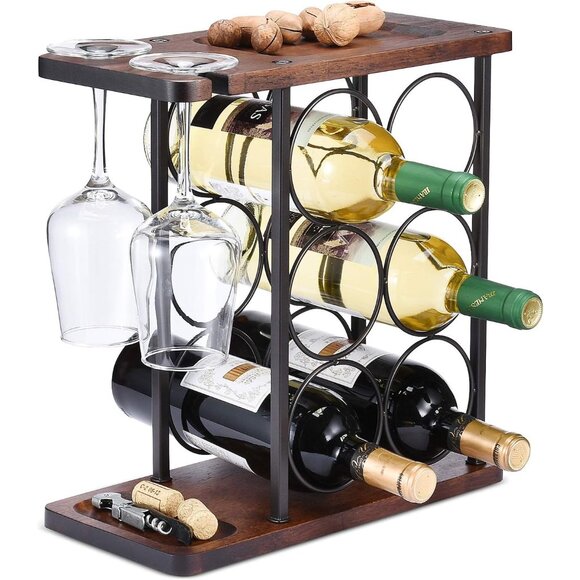 Wine Rack with Glass Holder Countertop Wine Rack Wooden Wine Holder with Tray